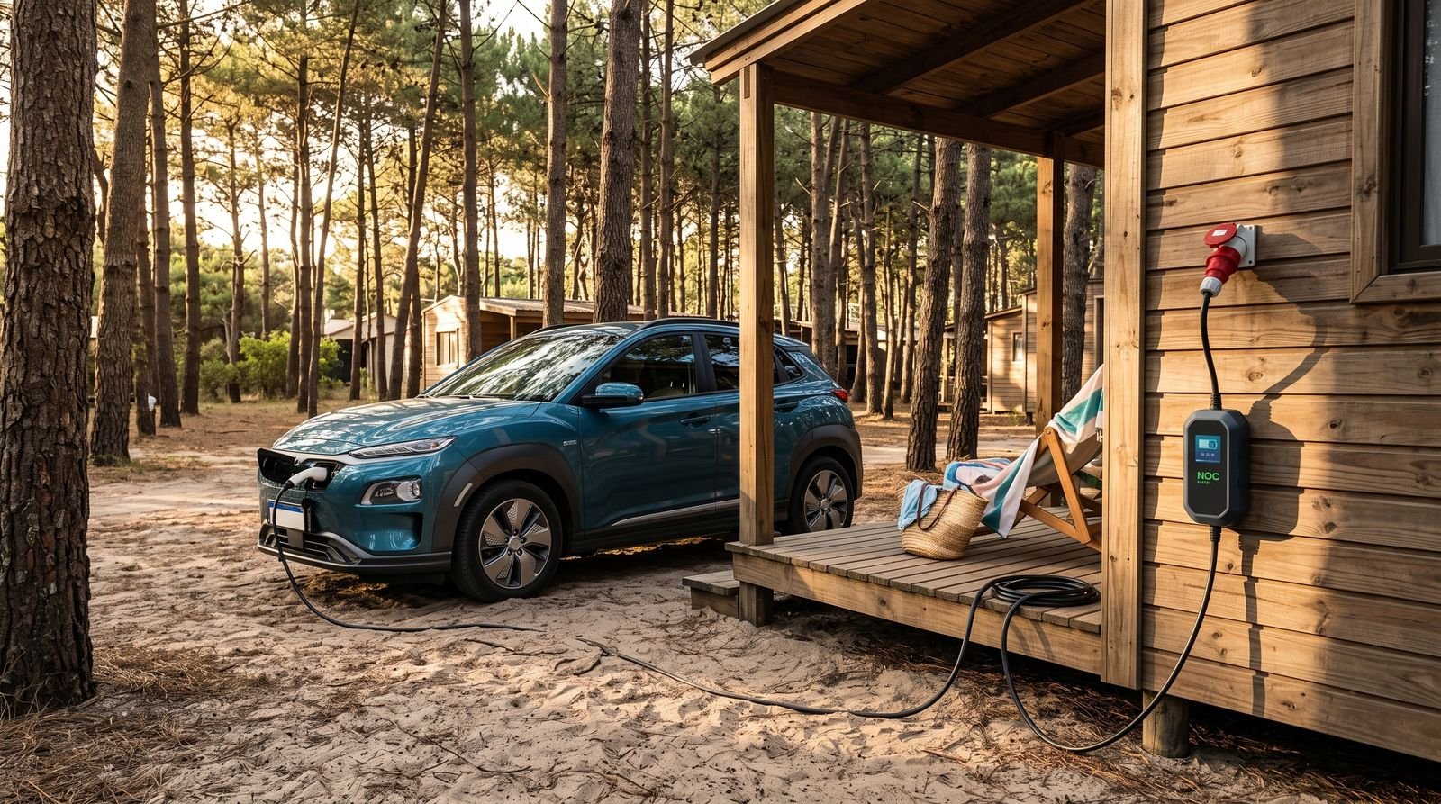 Cabaña en Mar de las Pampas con un auto eléctrico cargando