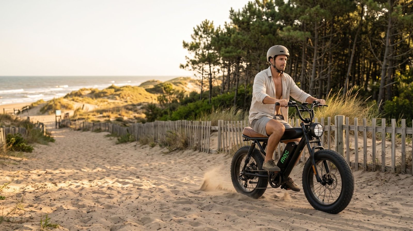 Hombre andando en la e-bike Todo Terreno Dual MOC energy por un camino de arena entre médanos y pinos en Cariló
