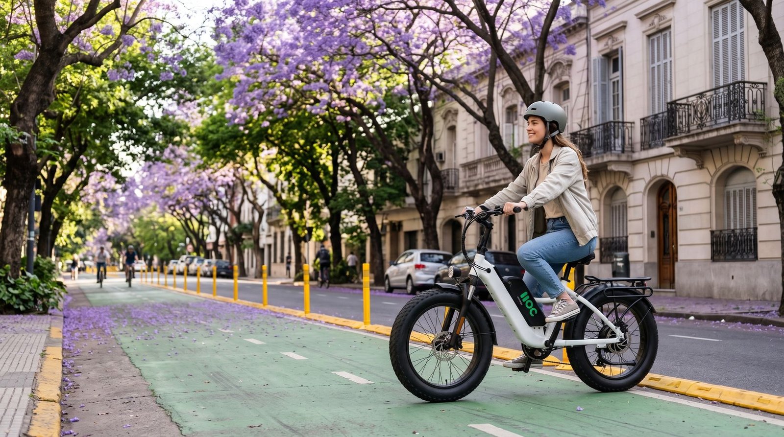 Mujer andando en la e-bike urbana MOC energy por la ciclovía de una avenida de Palermo con jacarandás en flor