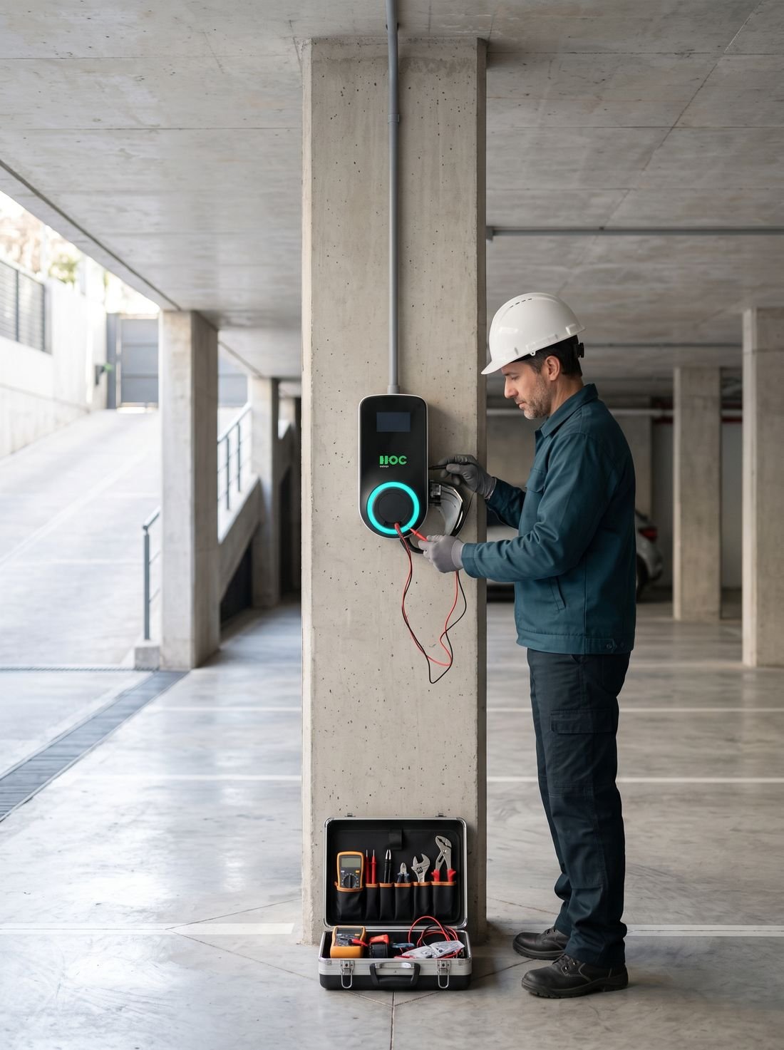 Electricista matriculado instalando un cargador MOC energy en una cochera