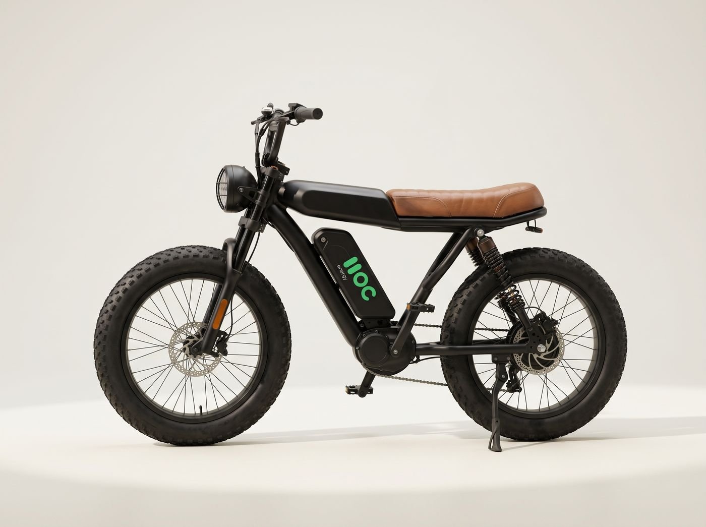 E-bike Todo Terreno Dual MOC energy, negra, con asiento largo de cuero y ruedas fat