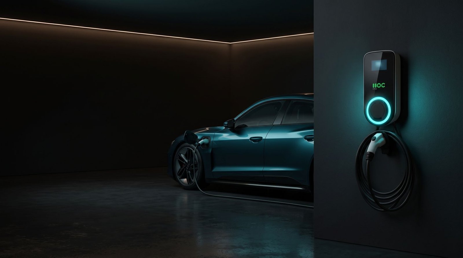 Cargador MOC energy encendido en un garage a oscuras, con su anillo celeste iluminando un auto eléctrico